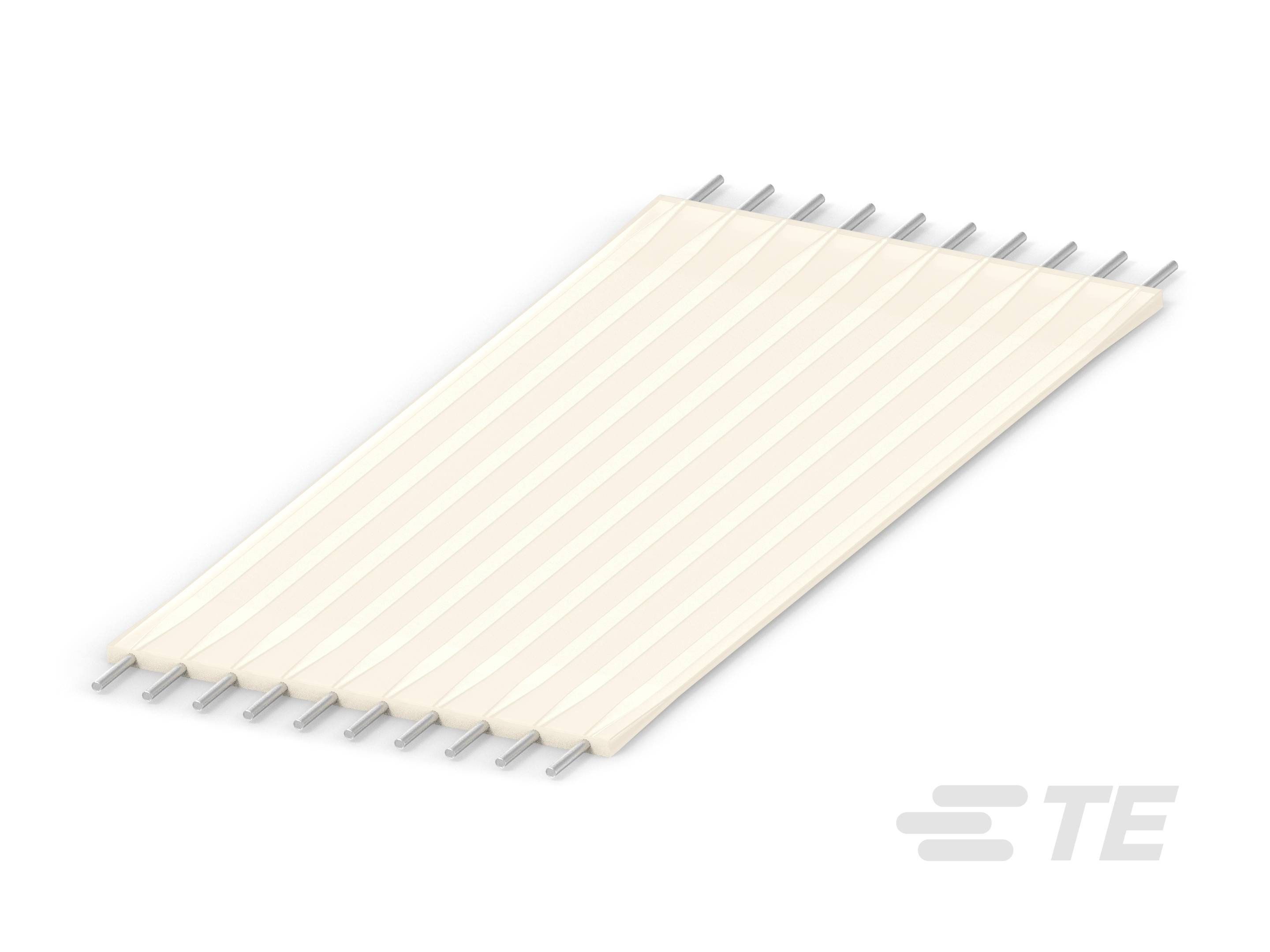 Ein flaches, rechteckiges, elfenbeinfarbenes Bauteil mit mehreren parallelen Metallstiften an beiden Enden. Logo 'TE' unten rechts.