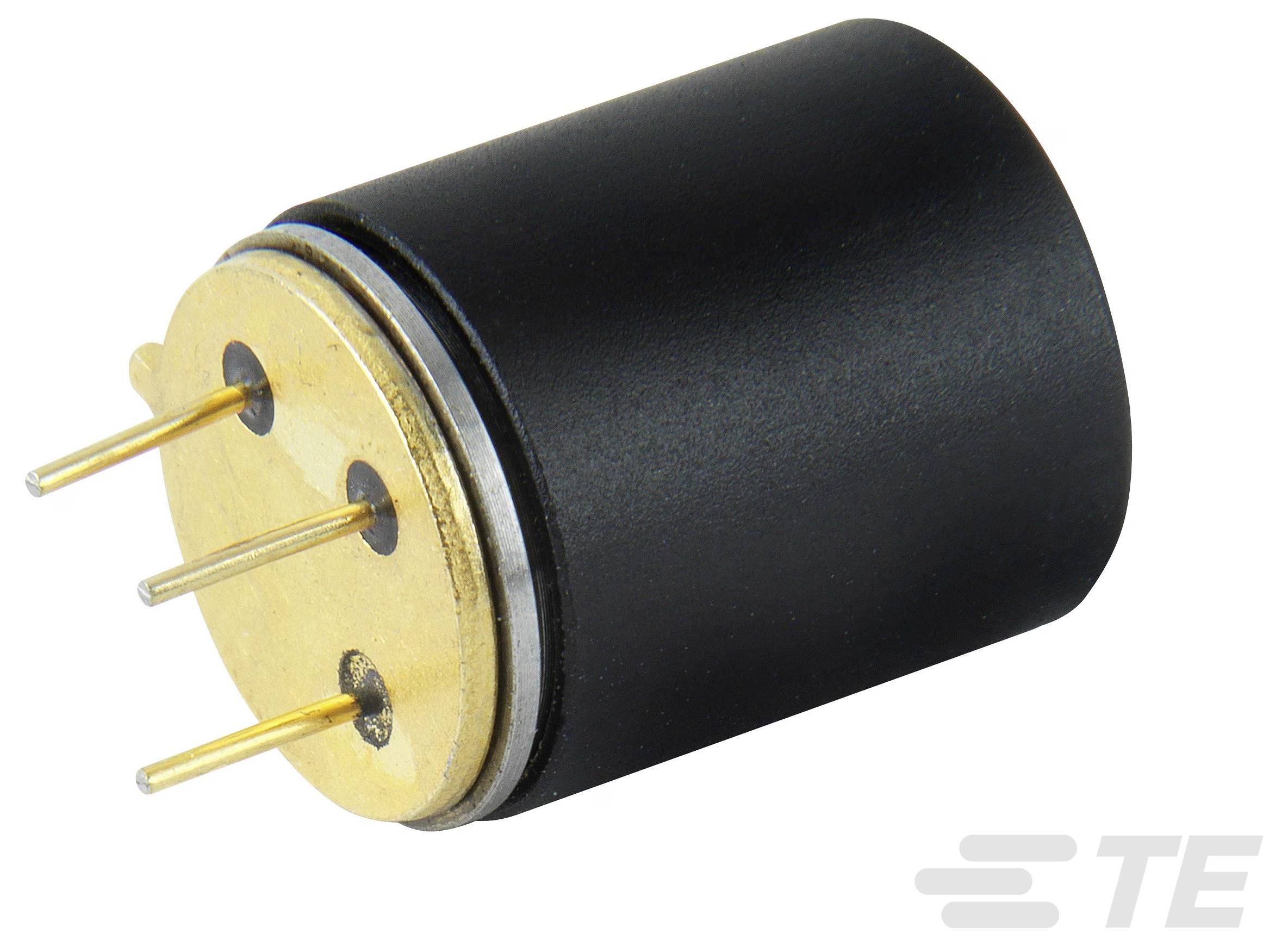 Eine zylindrische elektronische Komponente mit drei Goldkontakten, die aus einem Ende herausragen und zur elektrischen Verbindung in Geräten verwendet werden.
