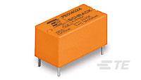 Oranges, rechteckiges elektronisches Bauteil mit drei Metallstiften, beschriftet mit technischen Spezifikationen auf der Oberseite.