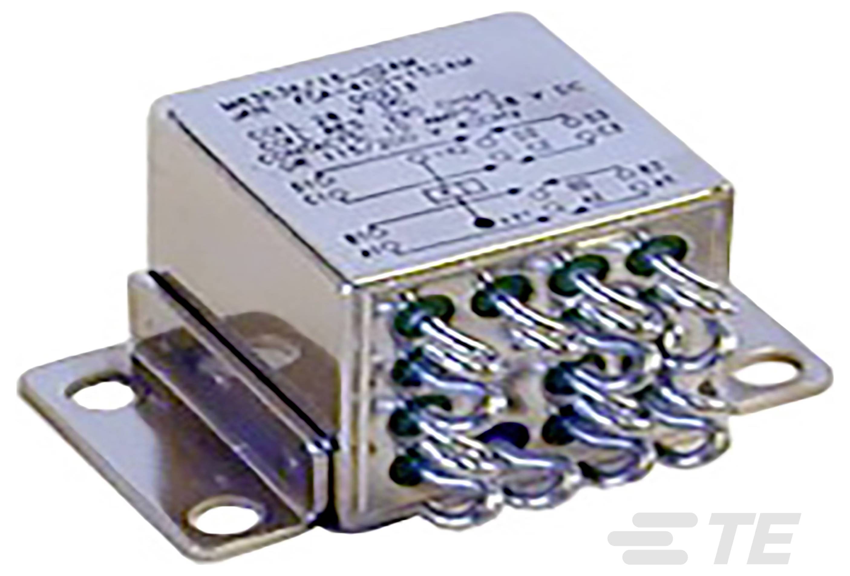 Eine Metallkomponente mit mehreren Drahtanschlüssen und einem Schaltplan oben. Wird in elektronischen oder elektrischen Anwendungen verwendet.