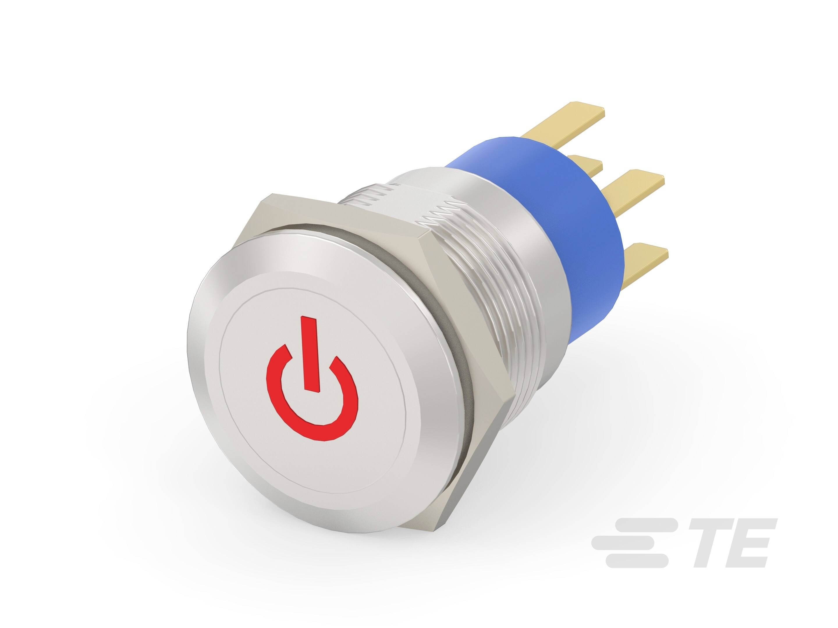 Metallschalter mit rotem Einschaltsymbol, drei Anschlussstiften und blauem Isolator.