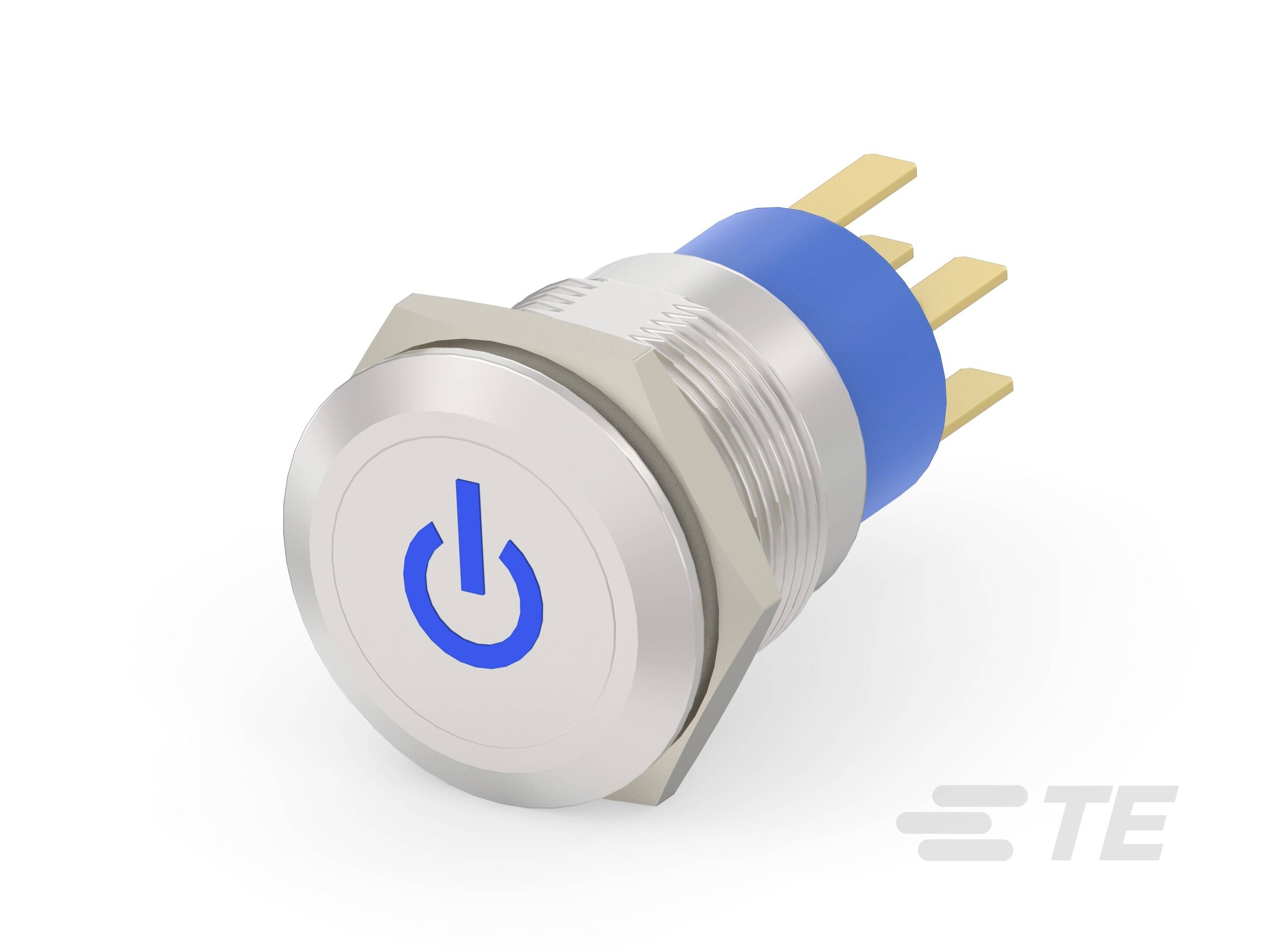 Ein runder Edelstahltaster mit blauem Ein-/Ausschalt-Symbol, zeigt drei goldene Anschlüsse auf der Rückseite, geeignet für elektronische Geräte.