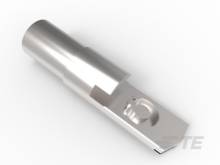 Metallischer Kabelschuh mit Befestigungsloch, zur Verbindung elektrischer Kabel. Silberfarben, zylindrische Form, seitlicher Schlitz.