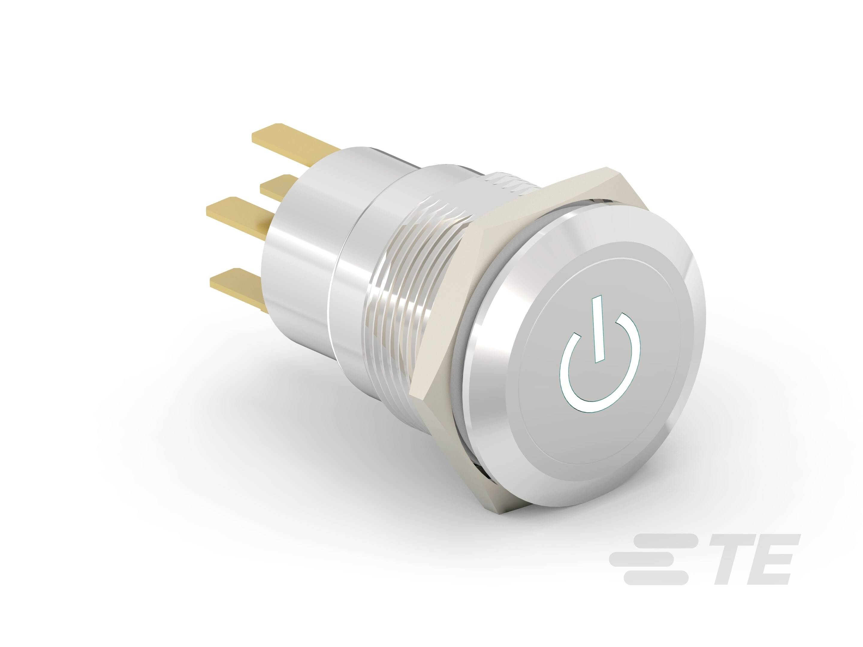 Ein silberner Metallschalter mit einem weißen Ein-/Aus-Symbol auf der Vorderseite, geeignet für elektronische Geräte.