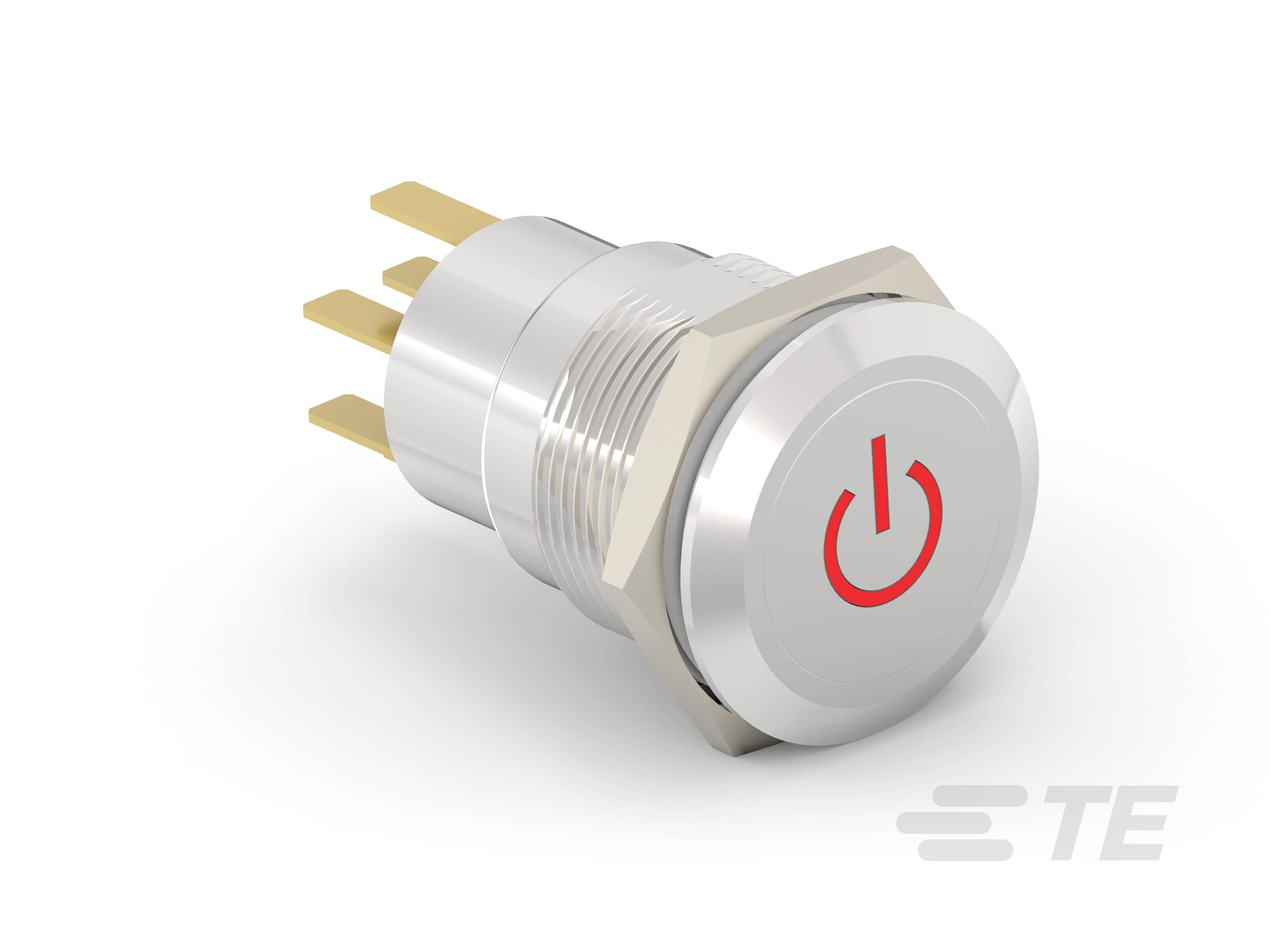 Silberner Druckknopfschalter mit roten Stromeinschalt-Symbol, elektrische Anschlüsse sichtbar.