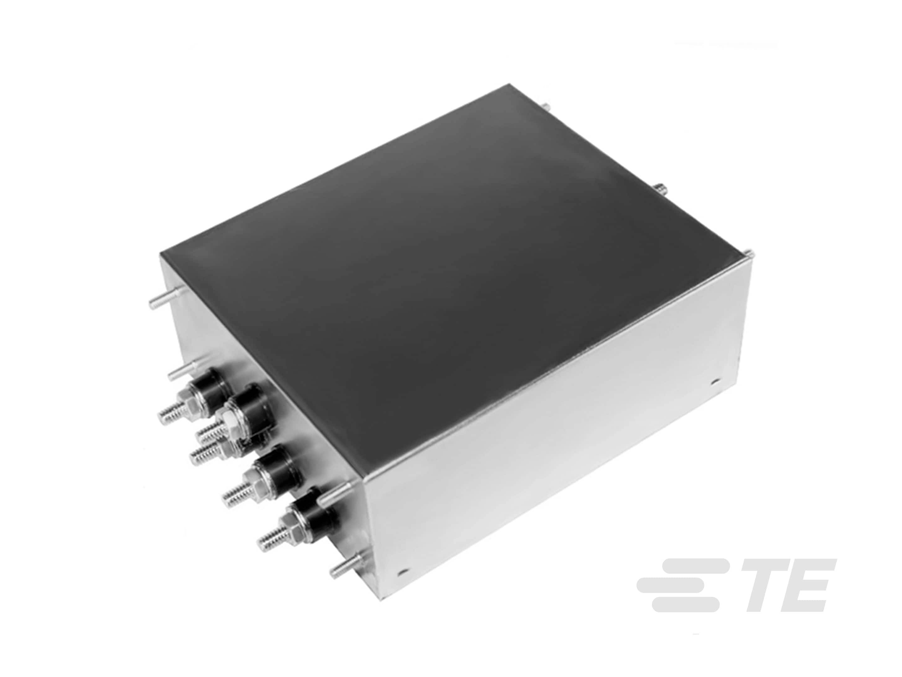 Metallgehäuse mit mehreren Anschlüssen auf einer Seite, verwendet in elektronischen Anwendungen. Enthält Markenlogo 'TE' unten rechts.