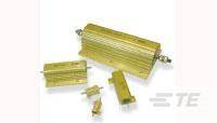 Fünf goldene Widerstände unterschiedlicher Größe und Form, hochauflösend. Sie sind in Reihe und parallel angeordnet.