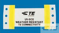 Etikett mit der Aufschrift 'UV-SCE, weather resistant, TE Connectivity' auf blau-gelbem Hintergrund.
