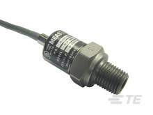 Ein Drucksensor mit kabelgebundener Verbindung und metallischem Gehäuse, daneben technische Spezifikationen auf dem Etikett.