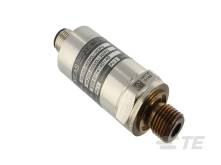 Zylindrischer Drucksensor mit Gewindeanschluss, Etikett mit technischen Spezifikationen sichtbar. Einsatz in industriellen Anwendungen.