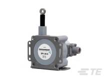 Ein silberfarbenes Seilzugpotentiometer der Marke Measurement Specialties, Modell SP1-25-R, für Messungen von Verschiebungen und Positionen.