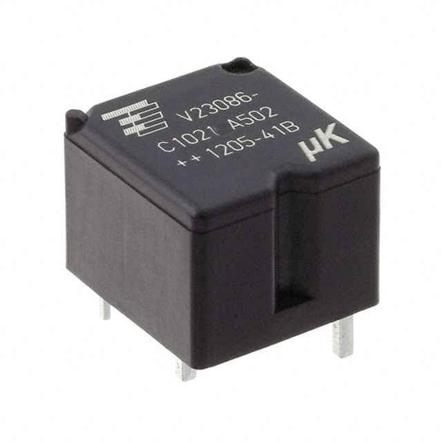 Relaisbauteil mit schwarzen Gehäuse und vier Metallpins. Aufdruck mit Nummer 'V23086-C1021-A502'.