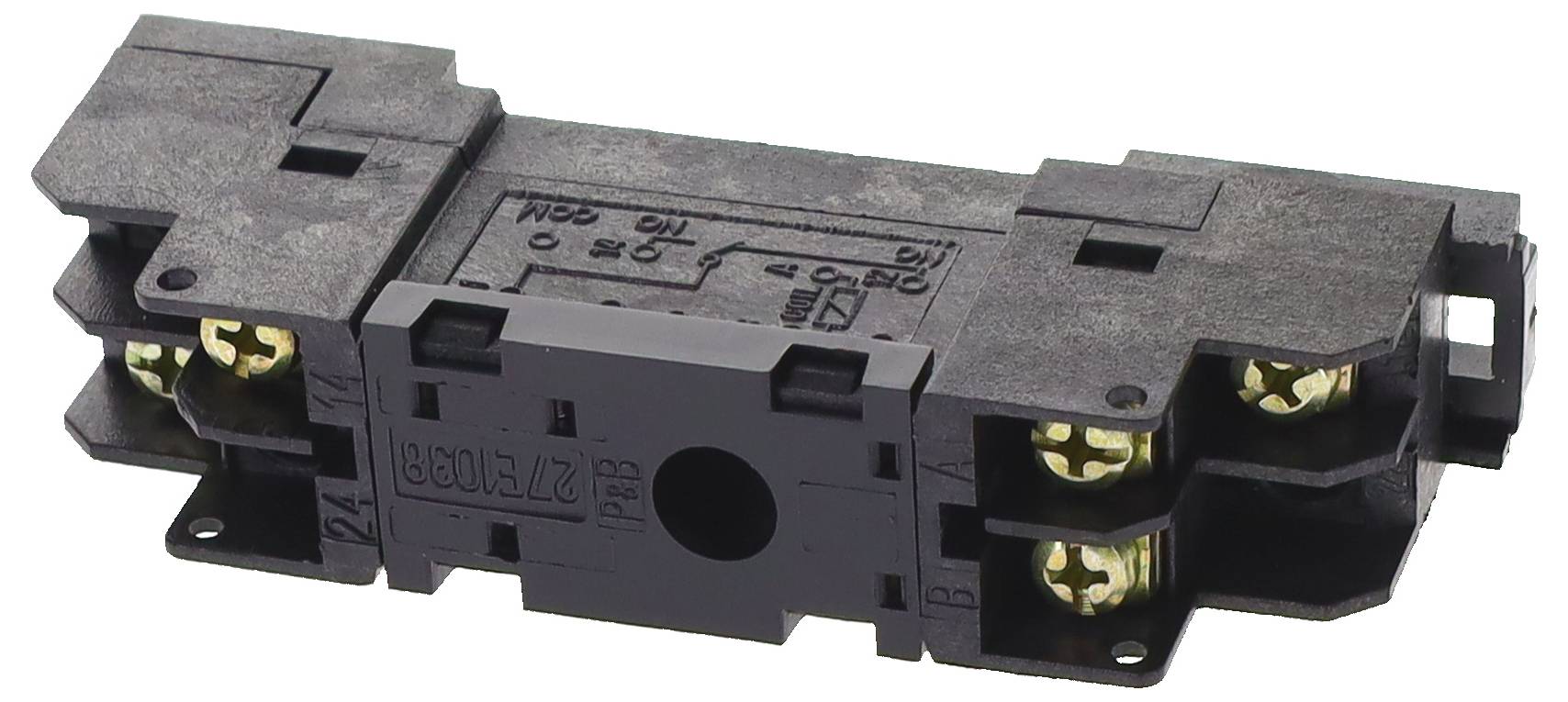 Eine Nahaufnahme eines schwarzen Mikroschalters mit drei Messingkontakten, beschriftet mit elektrischen Spezifikationen für AC- und DC-Spannungen und Stromstärken.