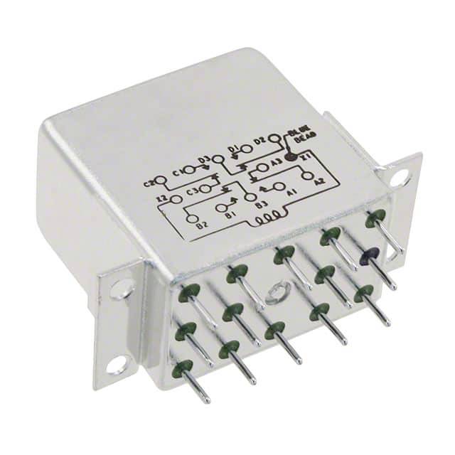 Elektronisches Bauteil mit Metallgehäuse und mehreren Pins, aufgedrucktem Schaltplan und Beschriftungen oben, vermutlich ein Relais.