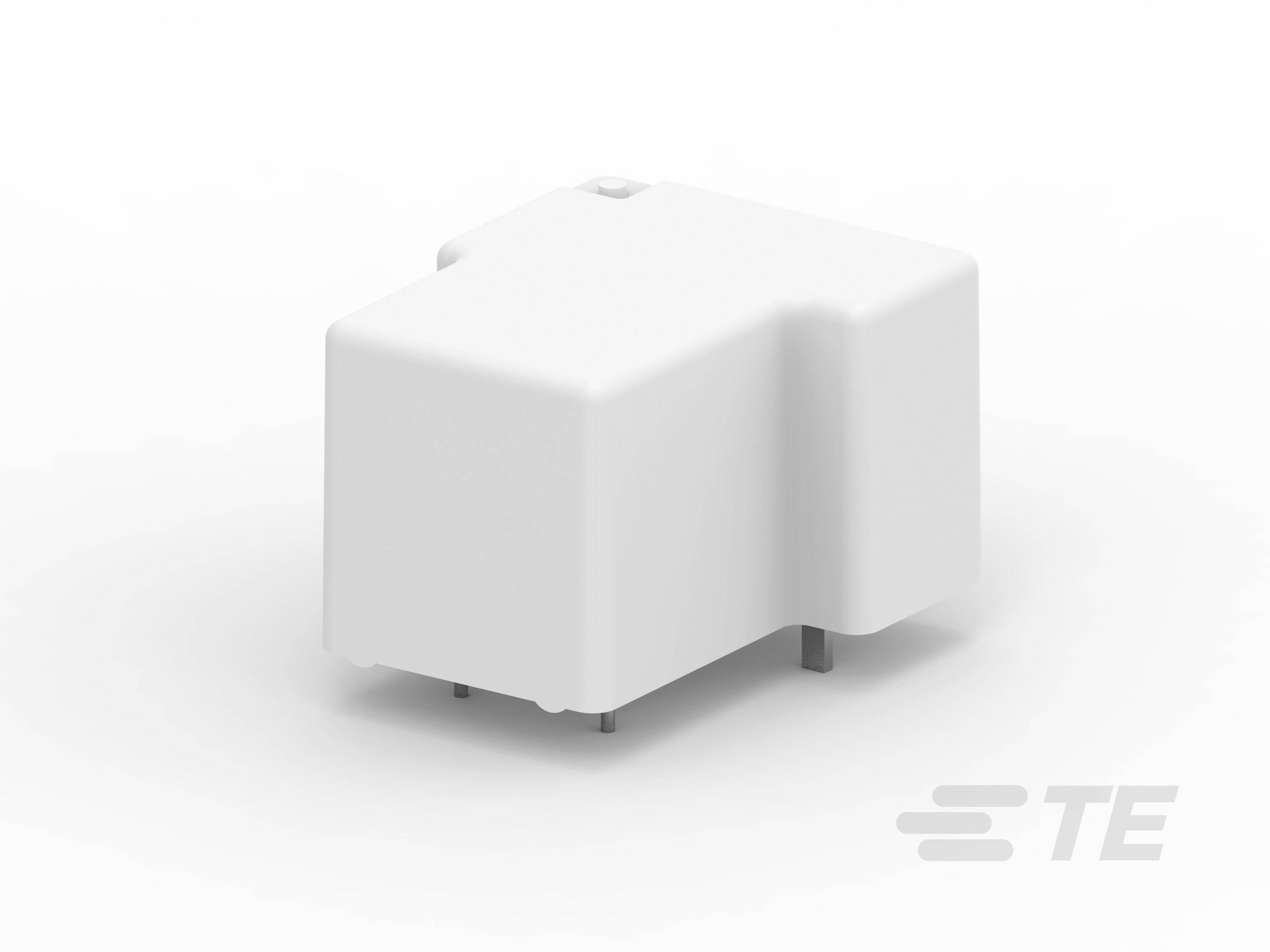 Elektronisches Bauteil in Weiß mit vier Anschlussstiften, geeignet zur Montage auf Leiterplatten, vor weißem Hintergrund.