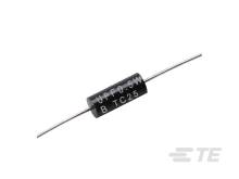 Schwarzer zylindrischer Widerstand mit Beschriftung 'UFO-5W B TC25', zwei Drahtanschlüsse ragen horizontal heraus.