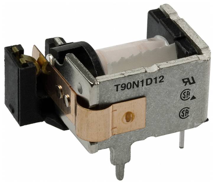 Ein A T90N1D12 Relais mit Metallgehäuse, sichtbarer Spule und Stiften für elektrische Verbindungen. UL- und CE-Zertifizierungszeichen sind vorhanden.