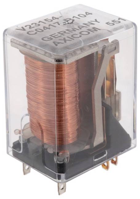 'Ein transparentes Relais mit einer Kupferspule, beschriftet mit Spezifikationen und der Marke „AXICOM GERMANY