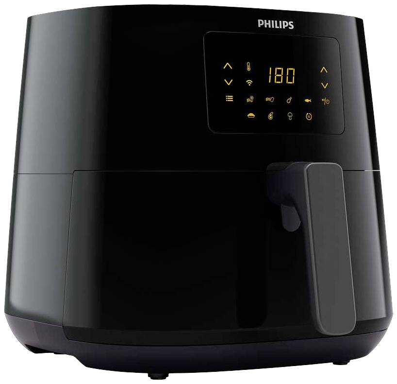 Eine schwarze Heißluftfritteuse mit digitalem Display zeigt eine Temperatur von 180 Grad an.