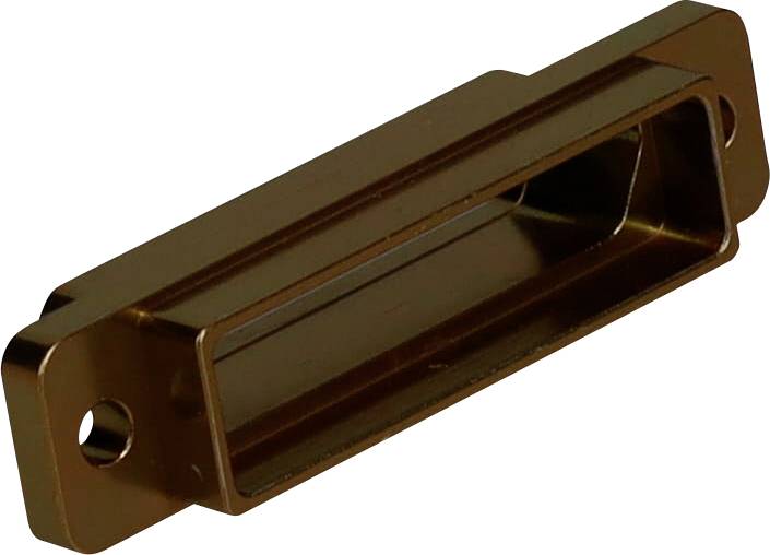 Eine rechteckige braune Metallhalterung mit zwei Befestigungslöchern an jedem Ende, die wahrscheinlich zum Sichern oder Abstützen von Strukturen verwendet wird.