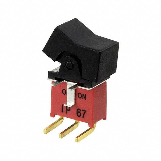 Ein roter Kippschalter mit schwarzem Hebel, beschriftet mit 'ON' und 'IP 67', zeigt wasser- und staubdichte Charakteristika.