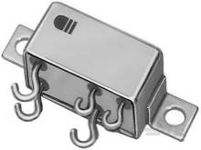 Steckbarer elektronischer Widerstand mit mehreren gebogenen Anschlüssen, Metallhülle und Symbol oben auf der Hülle.