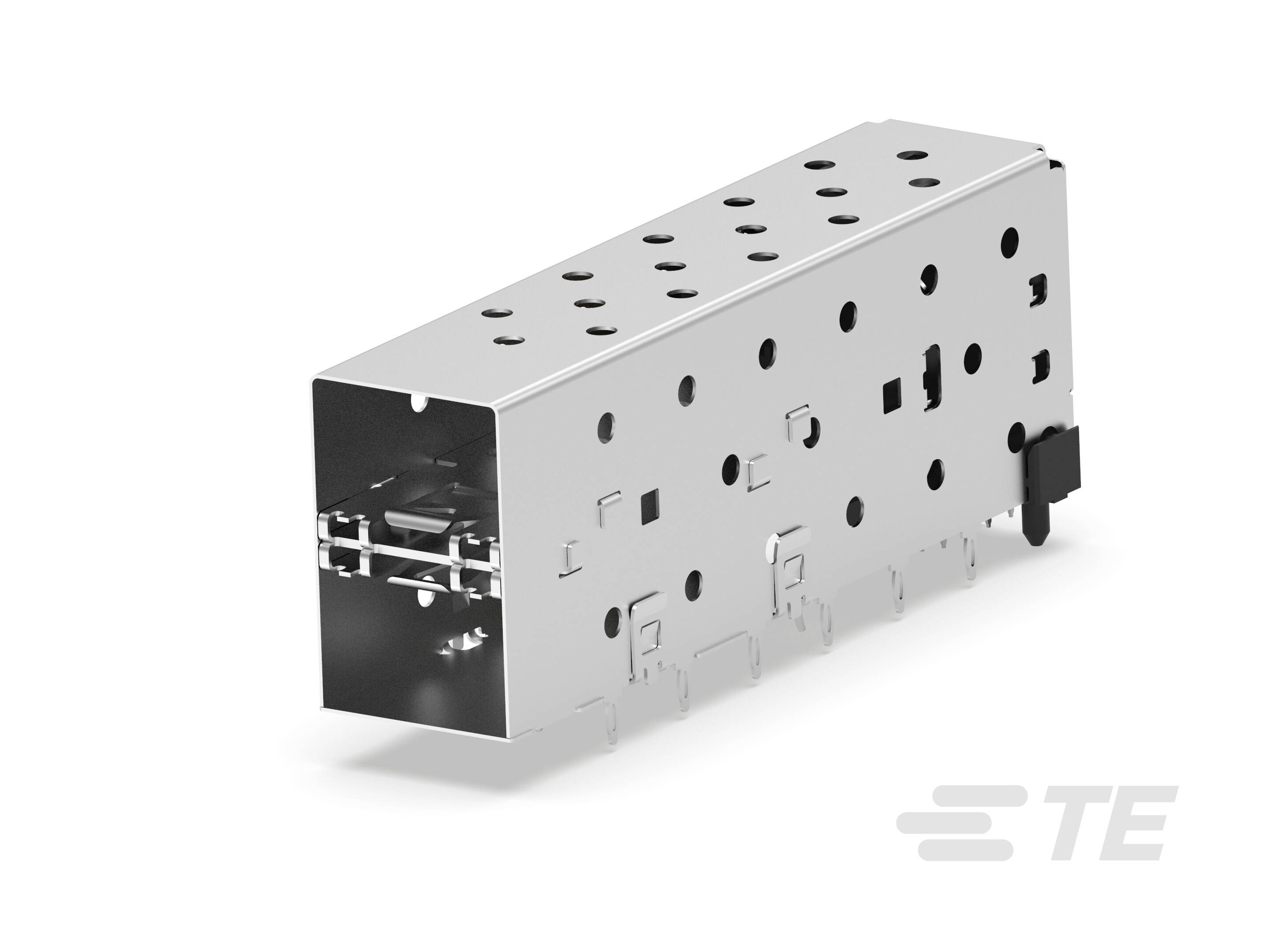 Ein rechteckiges, silberfarbenes Metallbauteil mit Lüftungslöchern und Verbindungsstücken. Markiert mit dem Logo 'TE'.