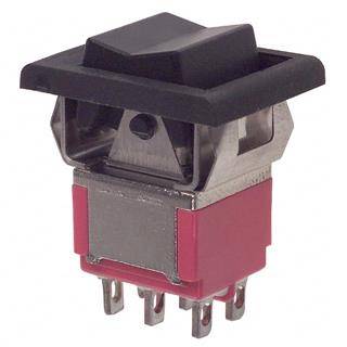 Kippschalter mit schwarzem Tastenfeld und rotem Gehäuse, mehrere Anschlussstifte unten, geeignet für elektronische Geräte und Schaltungen.