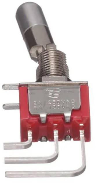 Ein roter dreipoliger Kippschalter mit Metallstiften und einer Befestigungswelle mit Gewinde für elektronische Geräte.
