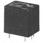 Ein schwarzes Relais mit vier Metallpins an der Unterseite. Oben sind technische Spezifikationen in weißer Schrift erkennbar.