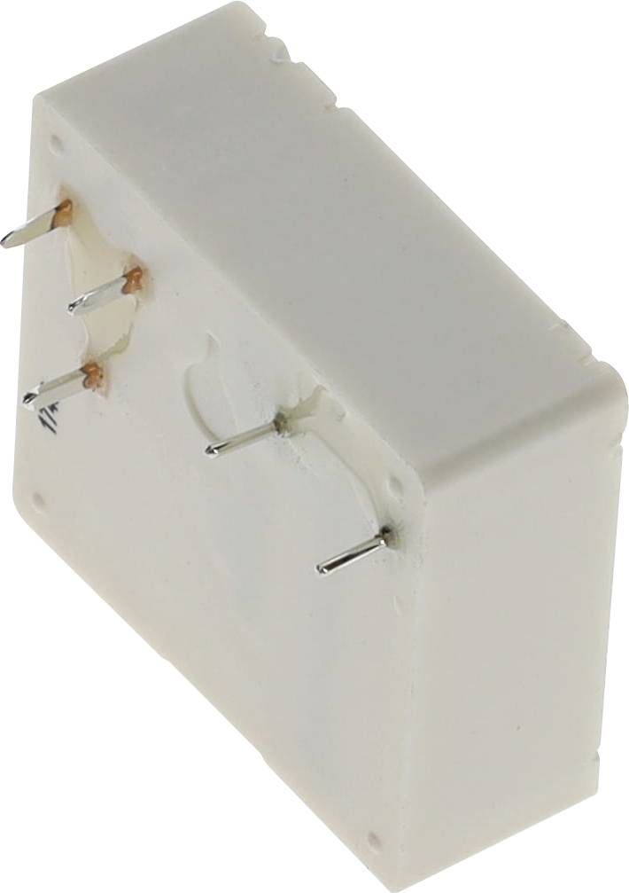 Elektronische Vierpunkt-Komponente in einem rechteckigen weißen Gehäuse, aus einem Winkel betrachtet, wahrscheinlich für die Montage auf einer Leiterplatte konzipiert.