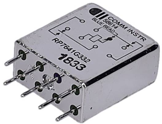 'COMM INSTR', '569-1W', 'BLUE BEAD', 'RP7641G332', '1833' beschriftete silberne elektronische Komponente mit sechs vorstehenden Pins.
