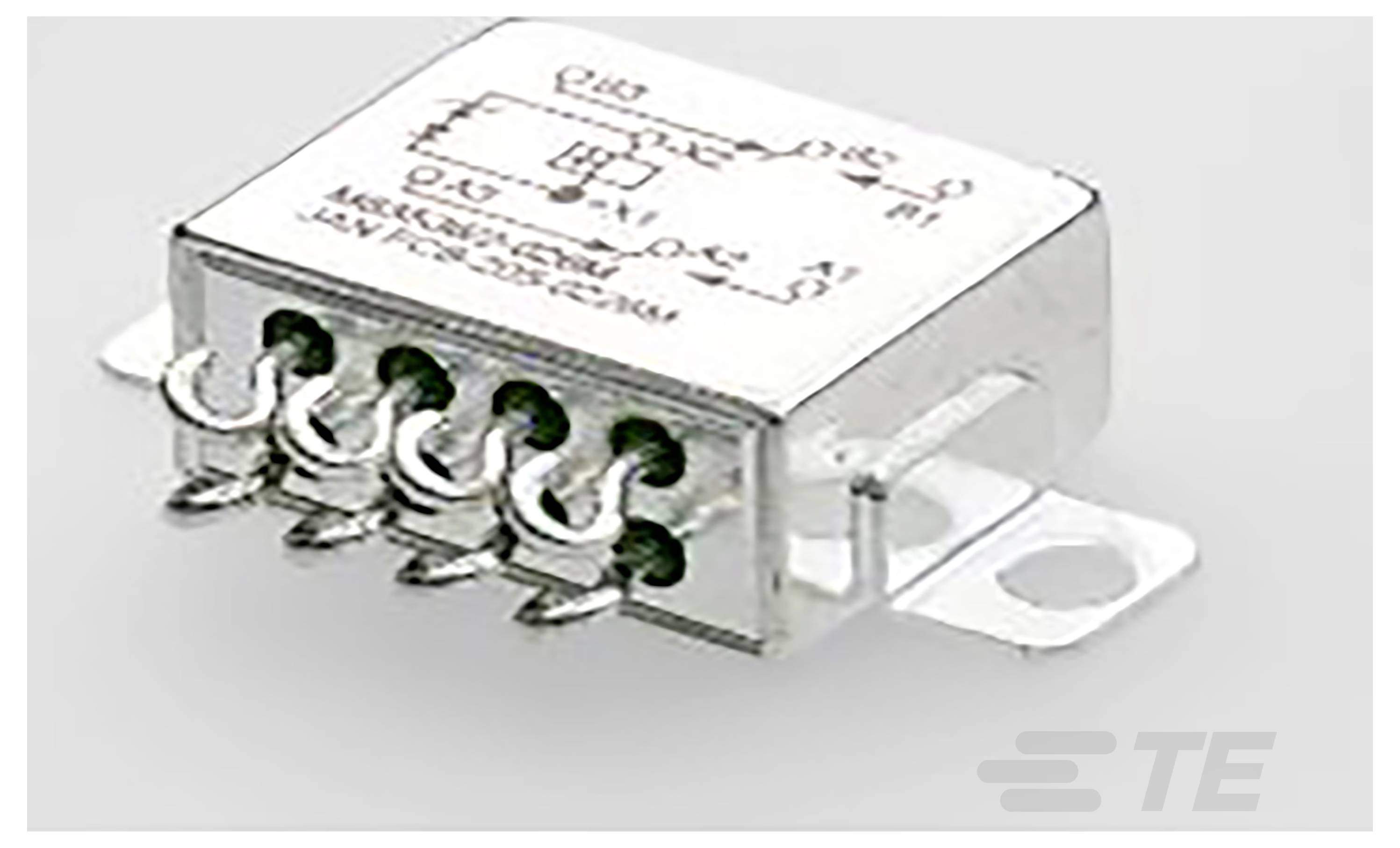Eine kristalline silberne elektronische Komponente mit mehreren Metallstiften und einem auf der Oberfläche angezeigten Schaltschema.