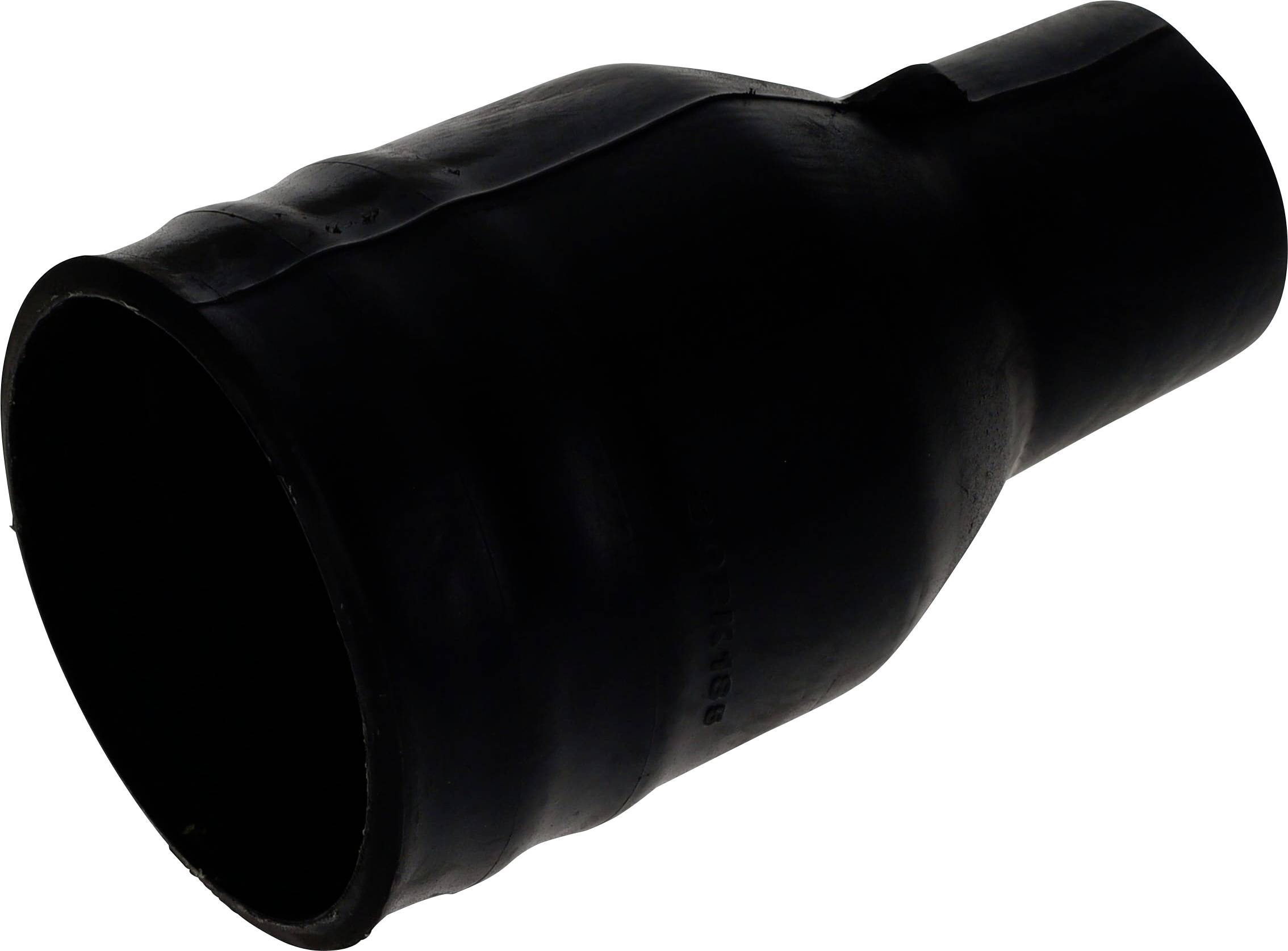 Ein schwarzer, gummiartiger Rohradapter mit einem breiten Ende, das in ein schmaleres Ende übergeht, der zum Verbinden von Rohren mit unterschiedlichen Durchmessern verwendet wird.