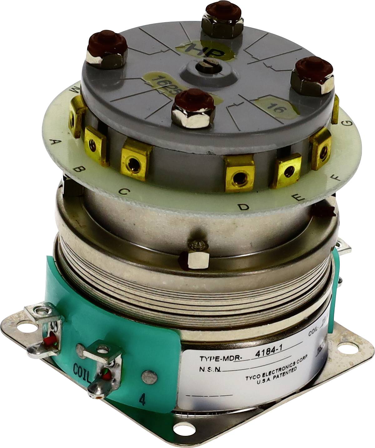 Drehschalter vom Typ MDR 4184-1 mit mehreren Anschlüssen und beschrifteten Abschnitten. Wird in elektronischen Schaltkreisen für verschiedene Verbindungen verwendet.