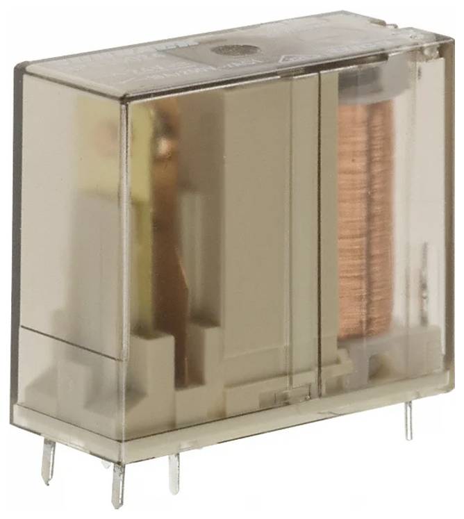 Ein transparentes Kunststoffrelais mit sichtbarer Kupferspule und Metallverbindern an der Basis, das zur Steuerung von Hochleistungsschaltkreisen verwendet wird.