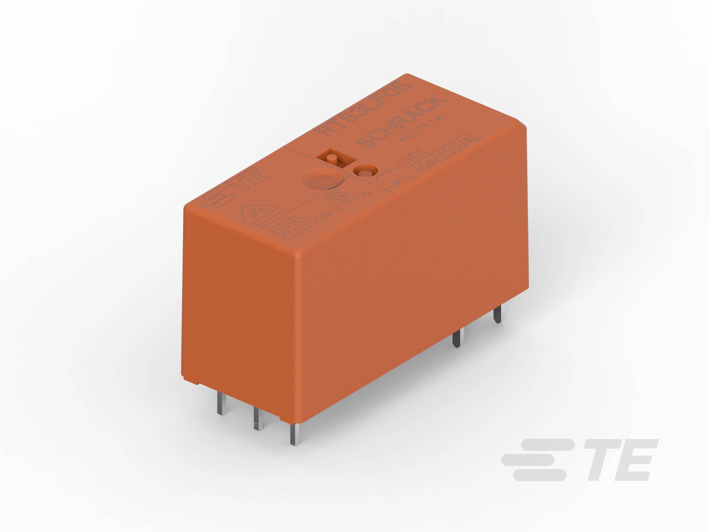 Oranges, rechteckiges Relais mit Metallstiften unten, Markenlogo 'TE' sichtbar. Verwendet für elektrische Schaltungen.