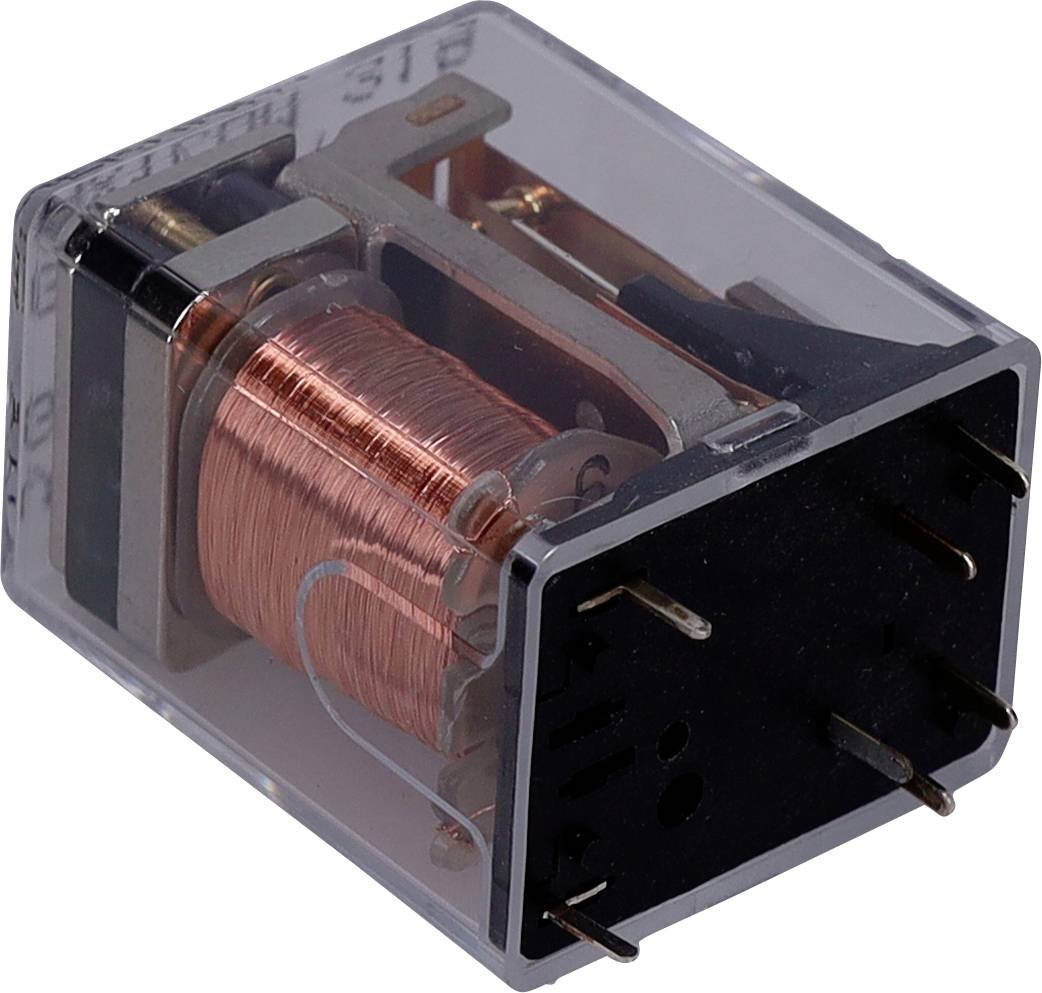 Eine transparente Plastikgehäuse gibt eine Kupferspule im Inneren frei, mit Metallstiften, die an einem Ende hervorstehen und einer elektrischen Relaiskomponente ähneln.