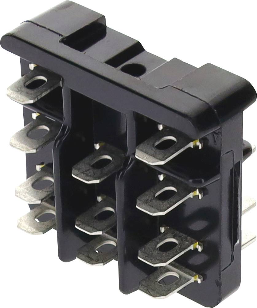 Ein sechsblättriger Relais-Kontaktklemmenblock in vertikaler Ausrichtung, der mehrere metallische Anschlusspunkte für elektrische Verkabelung zeigt.