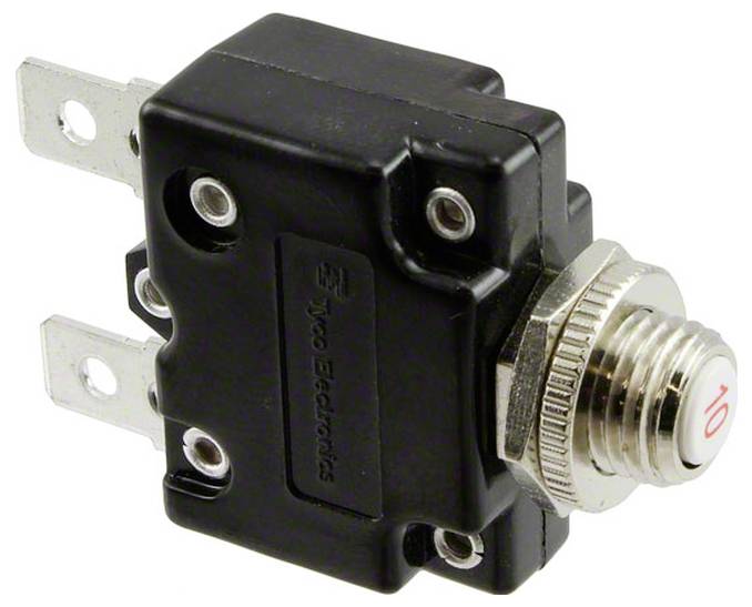 Eine Nahaufnahme eines Tyco Electronics Schutzschalters mit metallischen Kontakten und einem nummerierten Drehknopf, der in elektrischen Schaltkreisen verwendet wird, um Überlastungen zu verhindern.