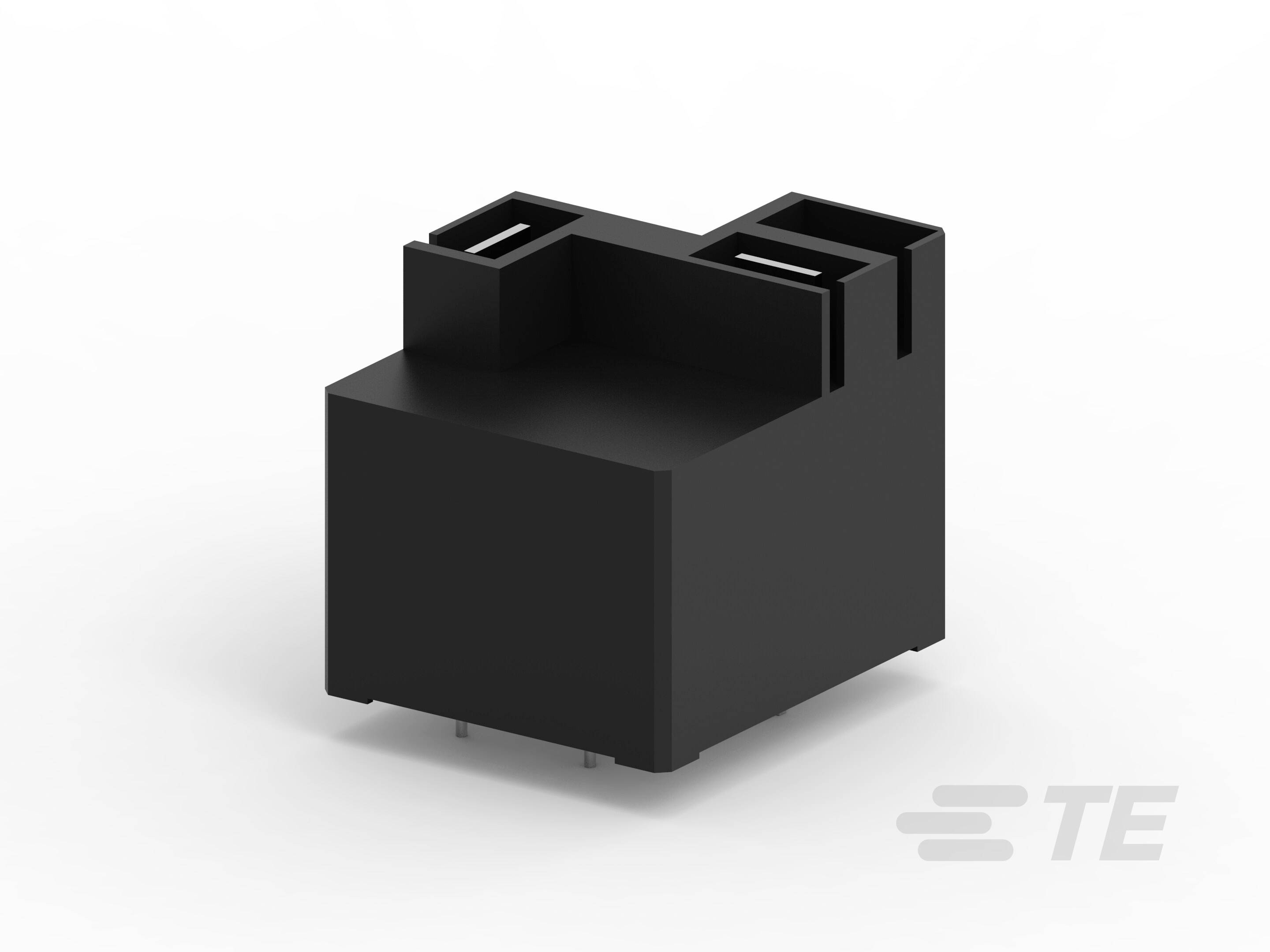 Schwarzes, rechteckiges elektrisches Bauteil mit zwei Anschlüssen oben. Markierung 'TE' unten rechts.