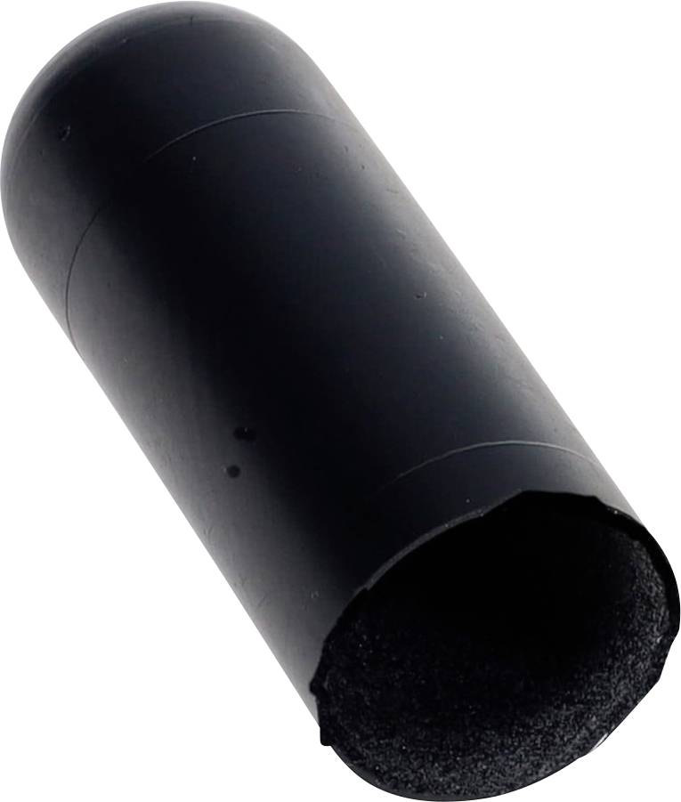 Ein zylindrischer schwarzer Gummistopfen, der zum Abdichten oder Abdecken verwendet wird, liegt auf einem weißen Hintergrund.