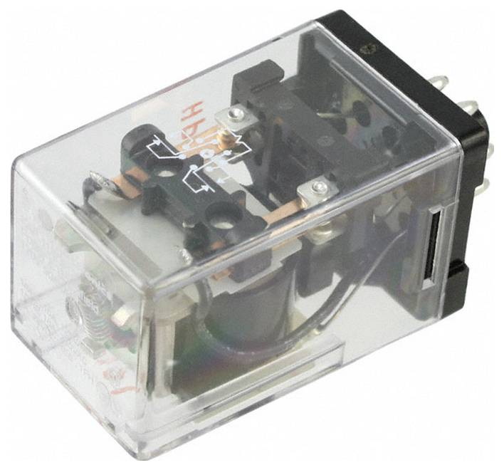 Ein klares elektromagnetisches Relais mit transparenter Abdeckung, das interne Komponenten wie Spulen und Kontakte zeigt, die zur Steuerung von Stromkreisen verwendet werden.