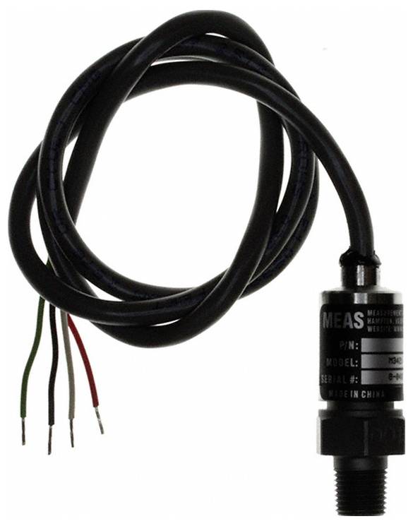 Ein schwarzer Drucksensor mit einer daran befestigten Drahtspule, der an dem Ende drei farbige Drähte zeigt: rot, grün und schwarz. Der Sensor ist mit „MEAS