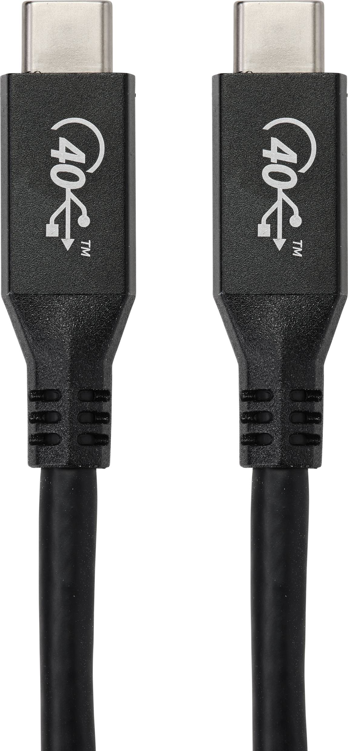 Zwei schwarze USB-C-Kabel mit Thunderbolt 4-Logo, parallel nebeneinander angeordnet.