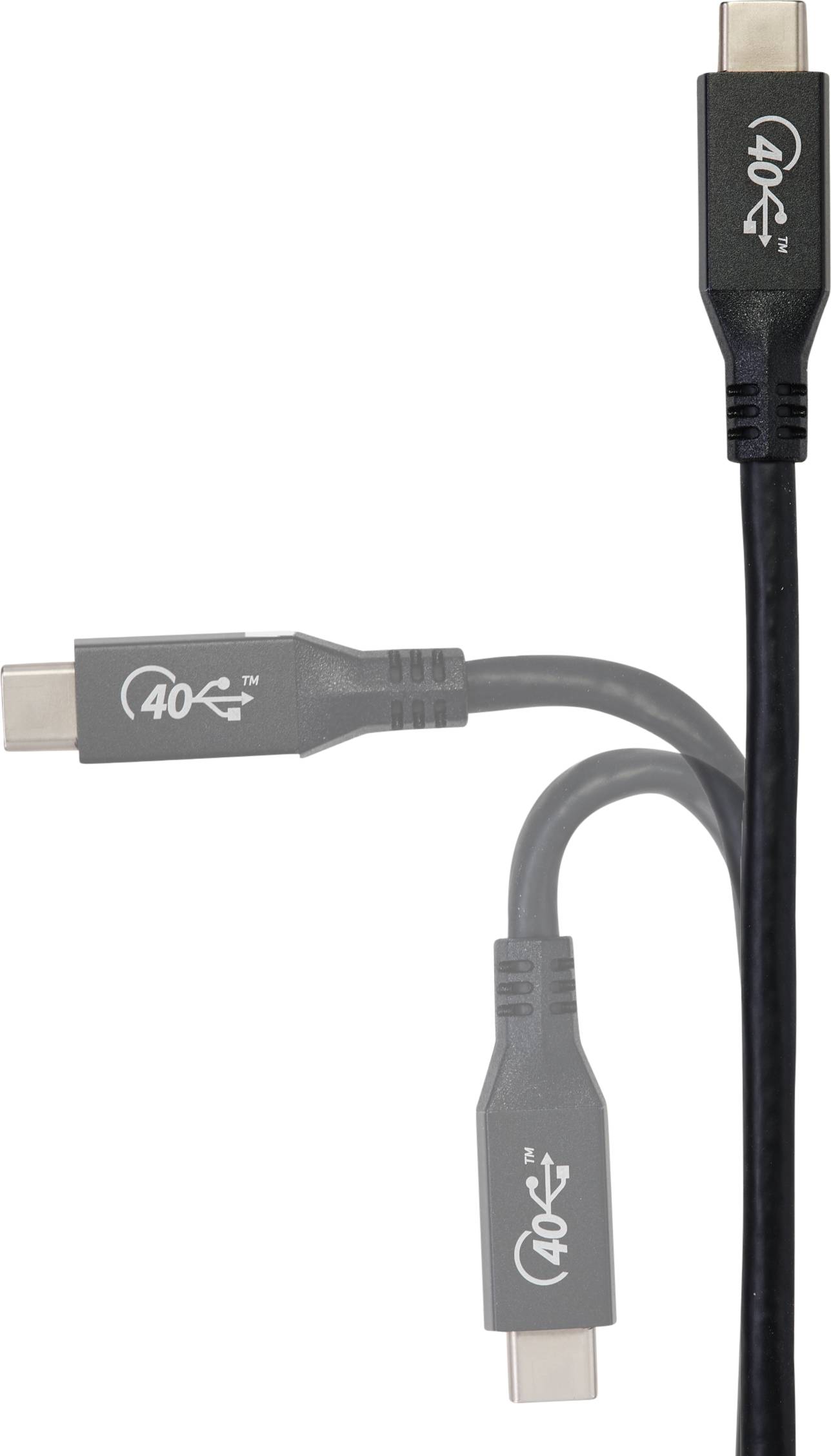 Drei USB-C-Kabel mit 40 Gbps-Logo, das obere vertikal, die unteren zwei horizontal, zeigen verschiedene Anschlussrichtungen.