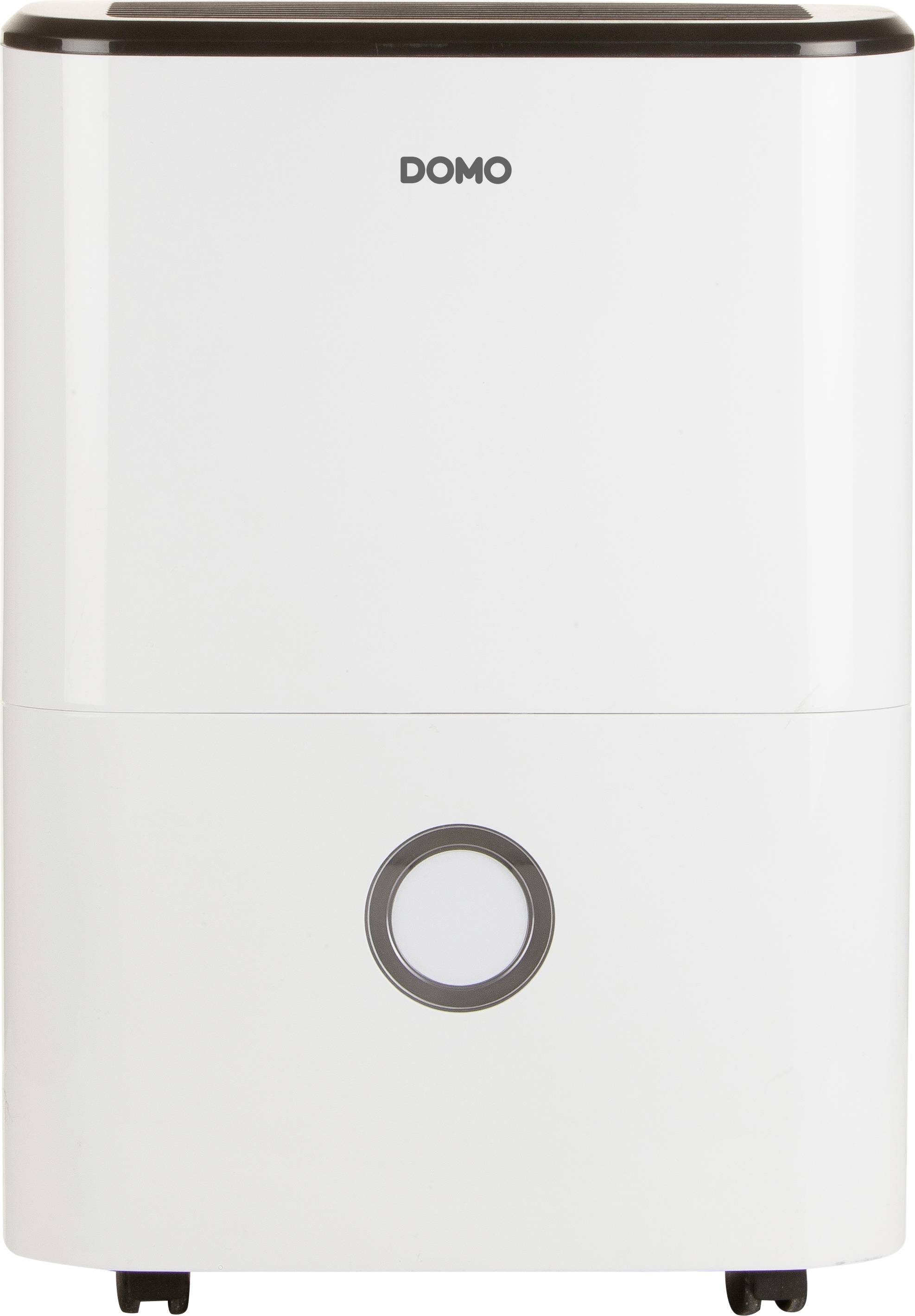 Luftentfeuchter in Weiß mit schwarzem Deckel und einem runden Kontrollfenster auf der Vorderseite. Markenname 'DOMO' oben.