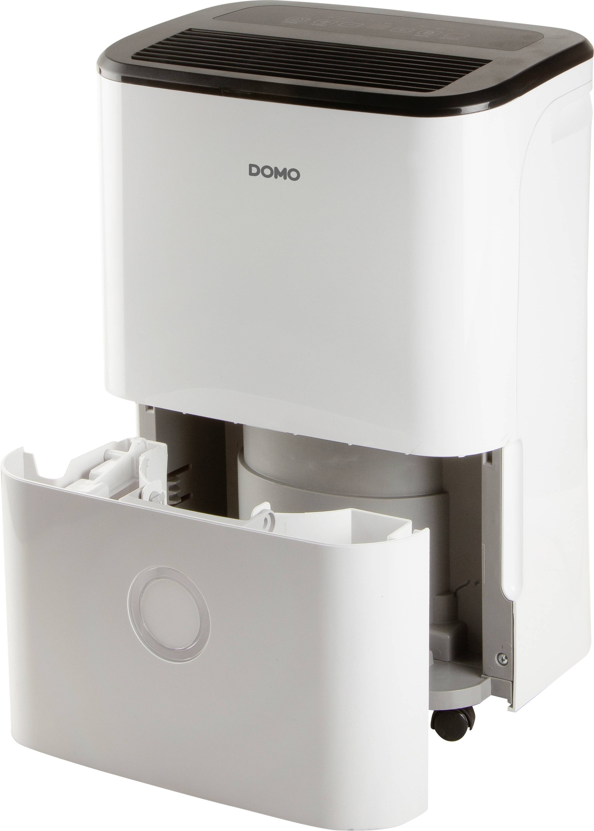 Luftentfeuchter mit geöffnetem Wassertank, moderne weiße Bauweise, steht auf einem Tisch vor weißem Hintergrund. Marke nicht erkennbar.