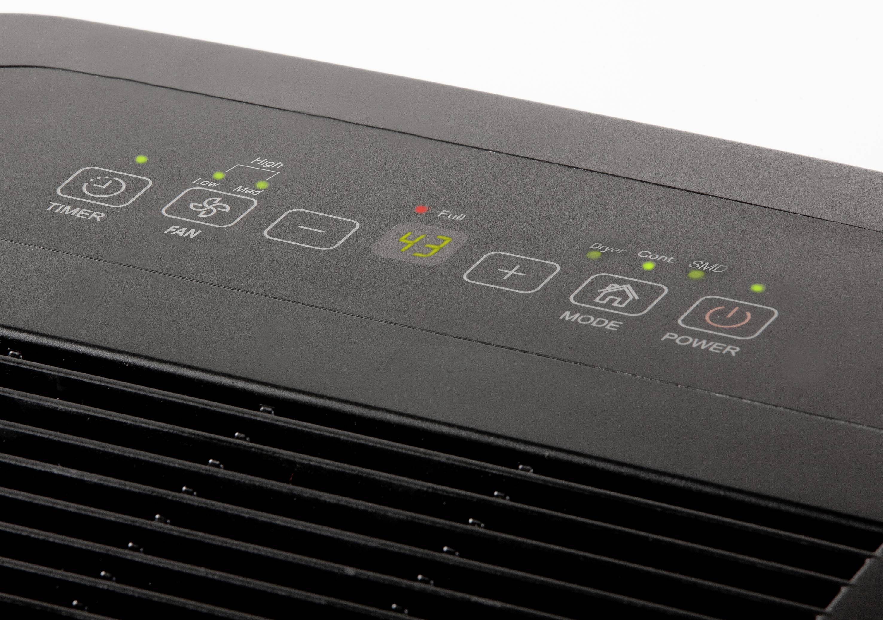 Das Bild zeigt die Bedienoberfläche eines Luftentfeuchters. Sichtbar sind Symbole und ein Display mit der Anzeige '43', umgeben von Funktionstasten.