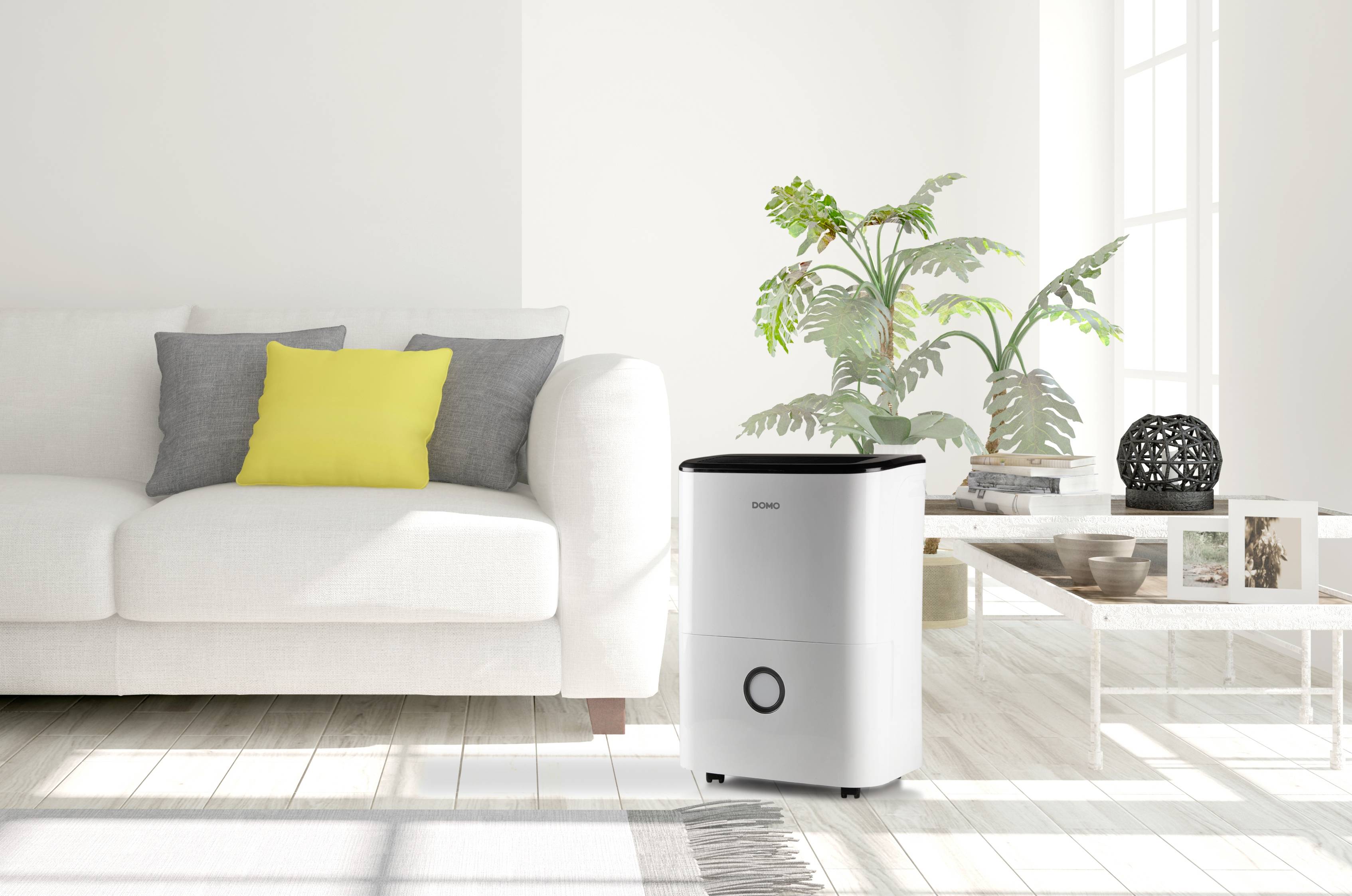 Ein heller Wohnraum mit einem weißen Sofa, gelbem Kissen, Pflanzen auf einem Tisch und einem Luftentfeuchter auf dem Boden.